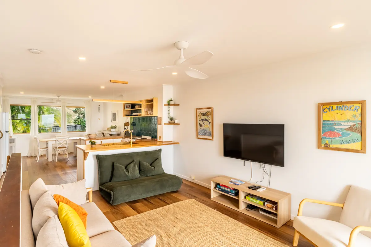 The living room of a Deluxe Ocean villa at Pandanus Palms Resort